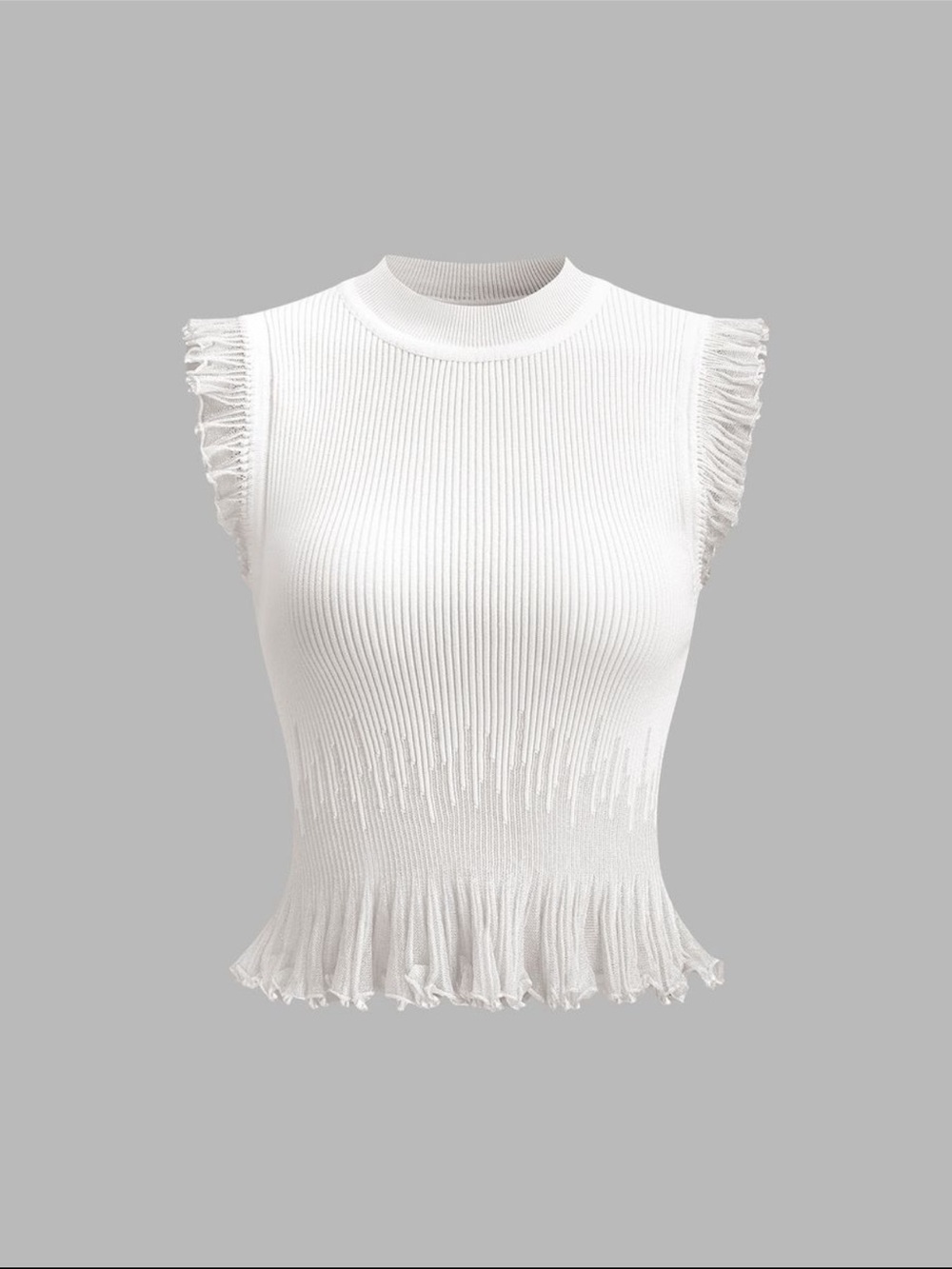 Commense White Ribbed Mock Neck Sleeveless Top with Ruffle Trim